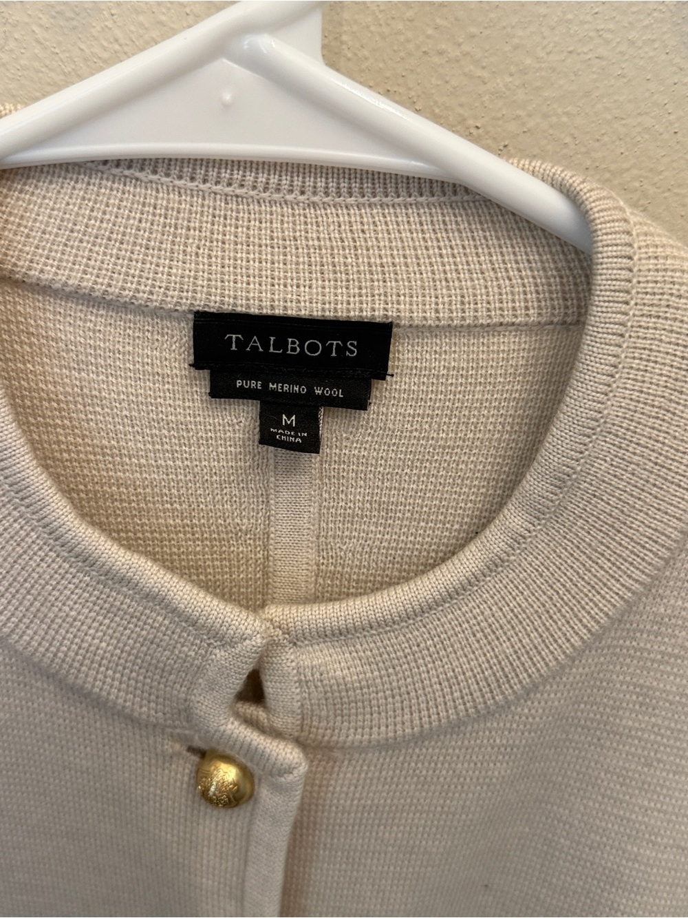 Talbots Cream Merino Wool Crew Cardigan with Gold Buttons